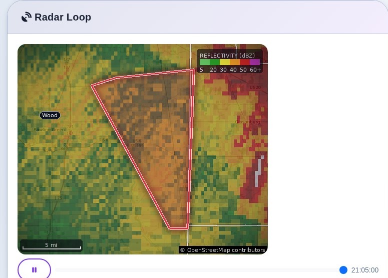 High-Resolution Radar Loop card for a Tornado Warning roughly 90 miles from its radar site, showing real reflectivity structure with some beam-to-beam banding softened by the renderer's smoothing pass